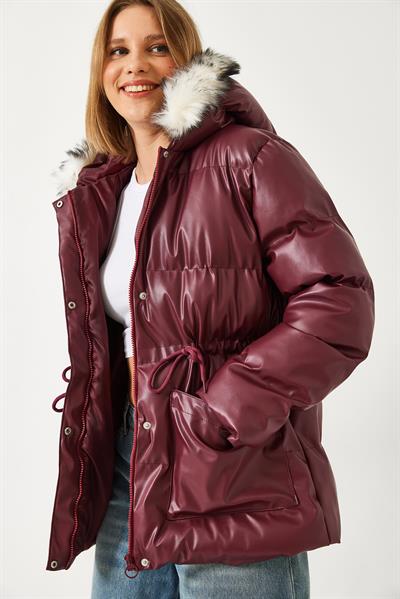 Kadın Kapüşonu Kürklü Şişme Deri Mont 30401016 - Bordo