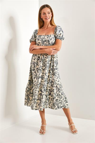 Kadın Kare Yaka Gipeli Multi Desenli Kloş Elbise 40851014 - Gri