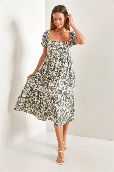 Kadın Kare Yaka Gipeli Multi Desenli Kloş Elbise 40851014 - Gri