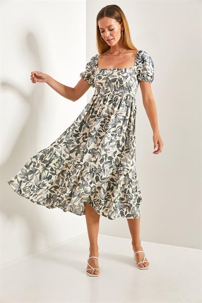 Kadın Kare Yaka Gipeli Multi Desenli Kloş Elbise 40851014 - Gri