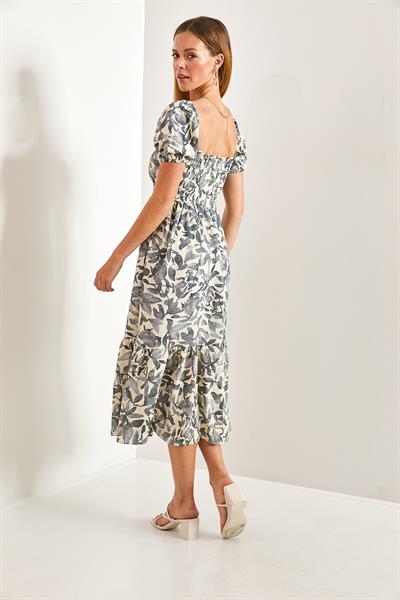 Kadın Kare Yaka Gipeli Multi Desenli Kloş Elbise 40851014 - Gri