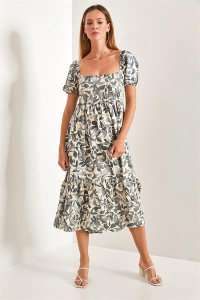 Kadın Kare Yaka Gipeli Multi Desenli Kloş Elbise 40851014 - Gri