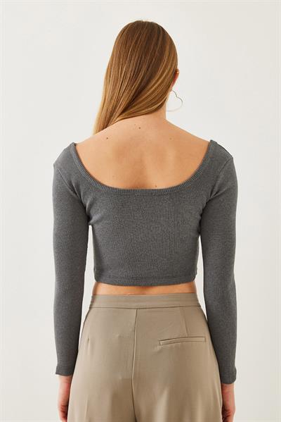 Kadın Kare Yaka Uzun Kollu Basic Crop Bluz 2405 60351046 - Antrasit