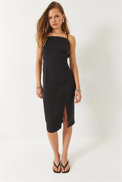 Kadın Kare Yaka Yırtmaç Detaylı İp Askılı Elbise 60261481 - Siyah