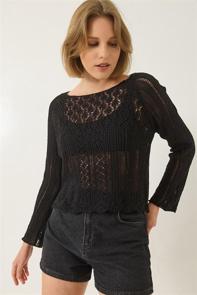 Kadın Kayık Yaka Ajurlu Örgü Triko Bluz 60261567 - Siyah