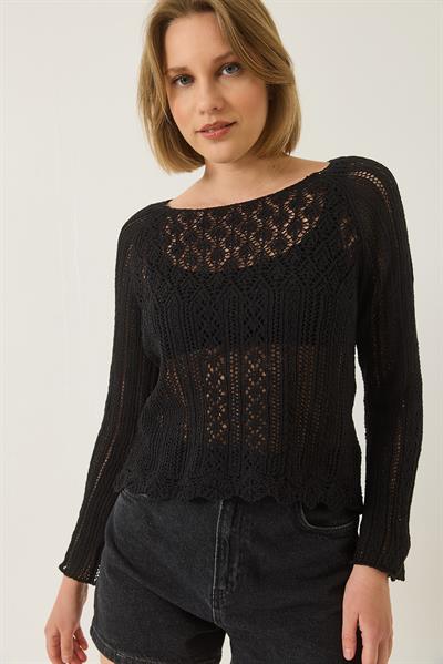 Kadın Kayık Yaka Ajurlu Örgü Triko Bluz 60261567 - Siyah