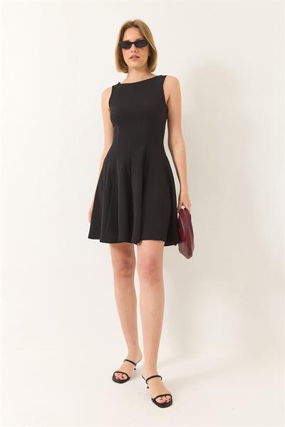 Kadın Kayık Yaka Godeli Mini Elbise 5203 60281026 - Siyah