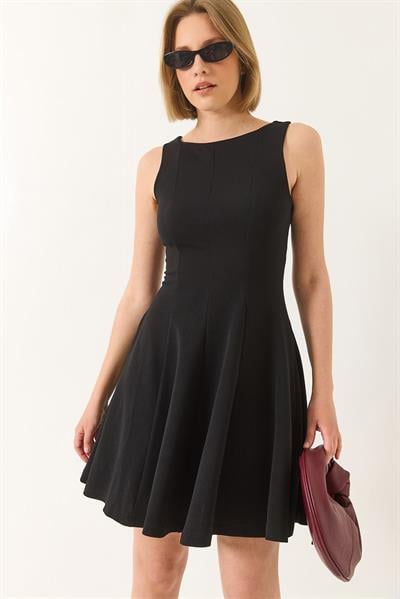 Kadın Kayık Yaka Godeli Mini Elbise 5203 60281026 - Siyah