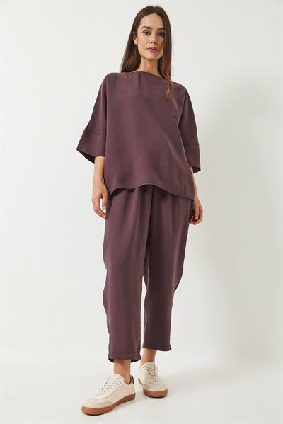 Kadın Kayık Yaka Yarım Kol Bluz Beli Lastikli Şalvar Pantolon Alt-Üst Takım 60283118 - Patlıcan