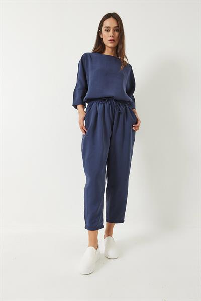 Kadın Kayık Yaka Yarım Kol Bluz Beli Lastikli Şalvar Pantolon Alt-Üst Takım 60283118 - İndigo
