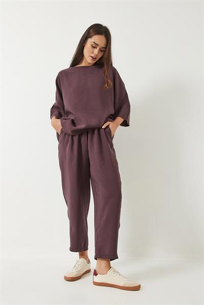 Kadın Kayık Yaka Yarım Kol Bluz Beli Lastikli Şalvar Pantolon Alt-Üst Takım 60283118 - Patlıcan