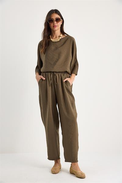 Kadın Kayık Yaka Yarım Kol Bluz Beli Lastikli Şalvar Pantolon Alt-Üst Takım 60283118 - Haki