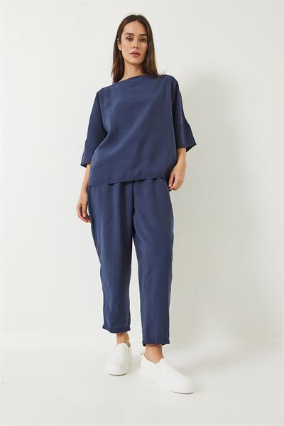 Kadın Kayık Yaka Yarım Kol Bluz Beli Lastikli Şalvar Pantolon Alt-Üst Takım 60283118 - İndigo