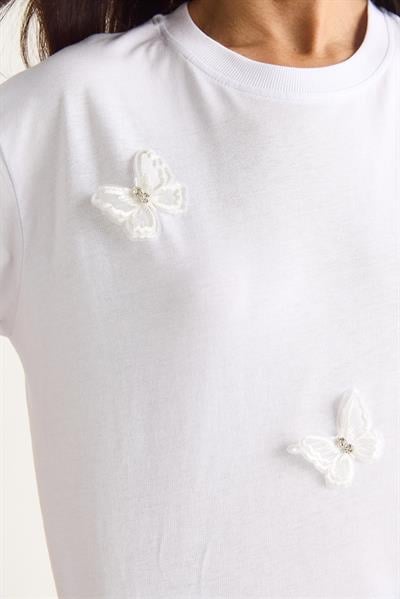 Kadın Kelebek Aksesuarlı Bisiklet Yaka Pamuklu T-Shirt 60602071 - Beyaz