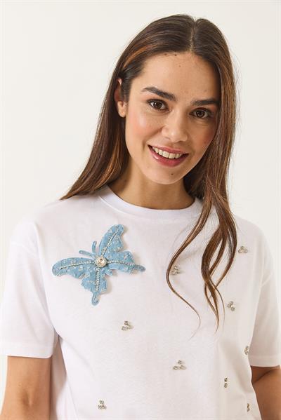 Kadın Kelebek Aksesuarlı Taş İşlemeli Kısa Kollu T-Shirt 60602036 - Beyaz