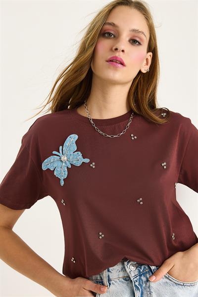 Kadın Kelebek Aksesuarlı Taş İşlemeli Kısa Kollu T-Shirt 60602036 - Kahve