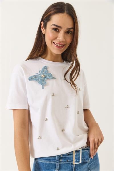 Kadın Kelebek Aksesuarlı Taş İşlemeli Kısa Kollu T-Shirt 60602036 - Beyaz