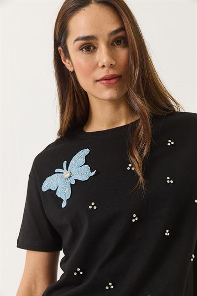 Kadın Kelebek Aksesuarlı Taş İşlemeli Kısa Kollu T-Shirt 60602036 - Siyah