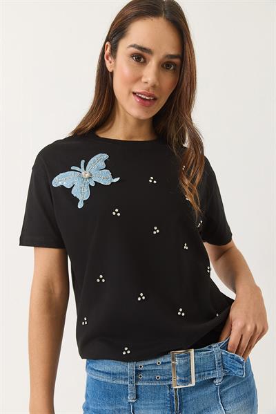 Kadın Kelebek Aksesuarlı Taş İşlemeli Kısa Kollu T-Shirt 60602036 - Siyah
