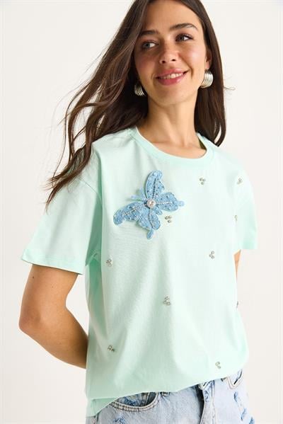 Kadın Kelebek Aksesuarlı Taş İşlemeli Kısa Kollu T-Shirt 60602036 - Mint Yeşili