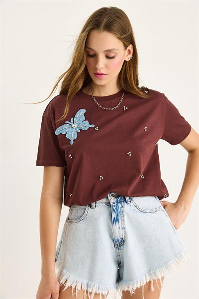 Kadın Kelebek Aksesuarlı Taş İşlemeli Kısa Kollu T-Shirt 60602036 - Kahve