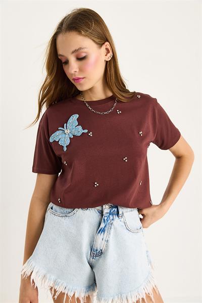 Kadın Kelebek Aksesuarlı Taş İşlemeli Kısa Kollu T-Shirt 60602036 - Kahve