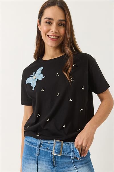 Kadın Kelebek Aksesuarlı Taş İşlemeli Kısa Kollu T-Shirt 60602036 - Siyah