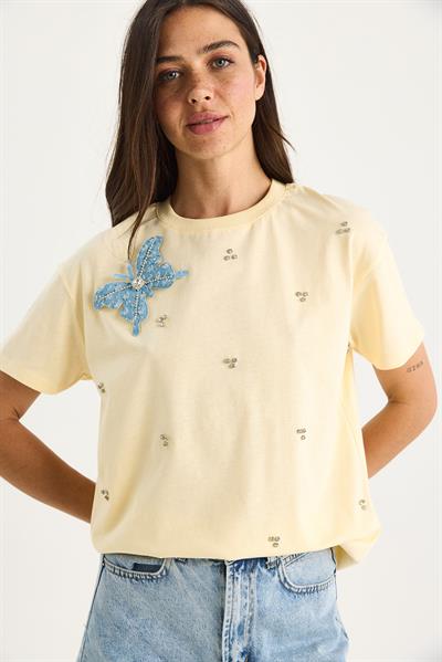 Kadın Kelebek Aksesuarlı Taş İşlemeli Kısa Kollu T-Shirt 60602036 - Tereyağ