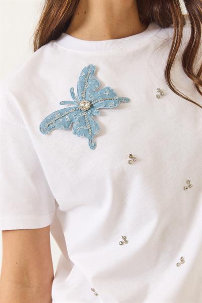 Kadın Kelebek Aksesuarlı Taş İşlemeli Kısa Kollu T-Shirt 60602036 - Beyaz