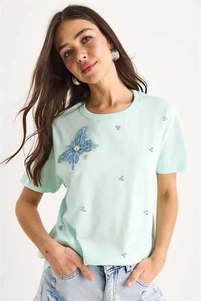 Kadın Kelebek Aksesuarlı Taş İşlemeli Kısa Kollu T-Shirt 60602036 - Mint Yeşili