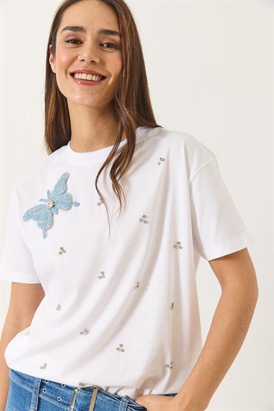 Kadın Kelebek Aksesuarlı Taş İşlemeli Kısa Kollu T-Shirt 60602036 - Beyaz