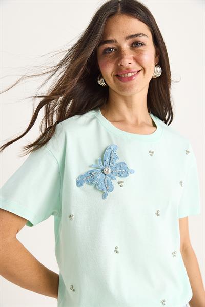 Kadın Kelebek Aksesuarlı Taş İşlemeli Kısa Kollu T-Shirt 60602036 - Mint Yeşili