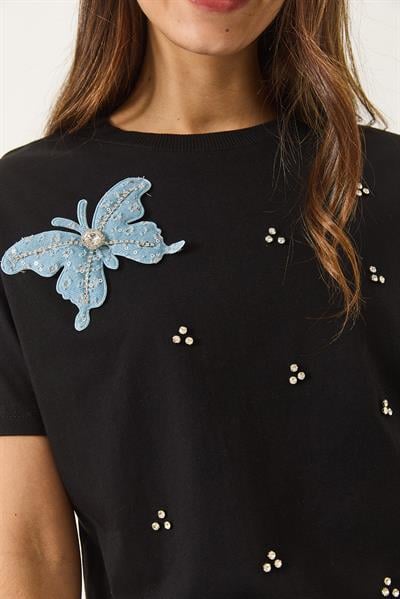 Kadın Kelebek Aksesuarlı Taş İşlemeli Kısa Kollu T-Shirt 60602036 - Siyah