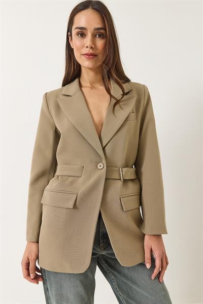 Kadın Kemer Detaylı Astarlı Blazer Ceket 8132 60283134 - Vizon