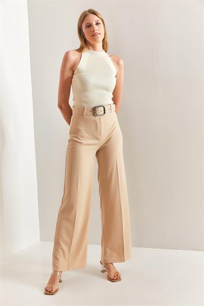 Kadın Kemerli Bol Paça Pantolon 40871032 - Bej