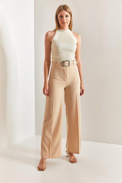 Kadın Kemerli Bol Paça Pantolon 40871032 - Bej