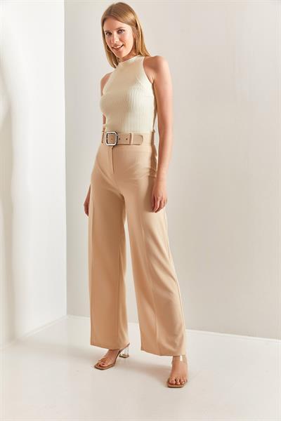 Kadın Kemerli Bol Paça Pantolon 40871032 - Bej