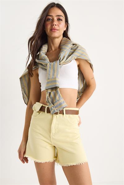 Kemerli Kanvas Gabardin Kot Şort - Limon Sarısı