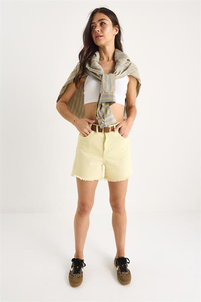 Kemerli Kanvas Gabardin Kot Şort - Limon Sarısı