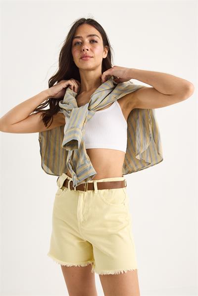 Kemerli Kanvas Gabardin Kot Şort - Limon Sarısı