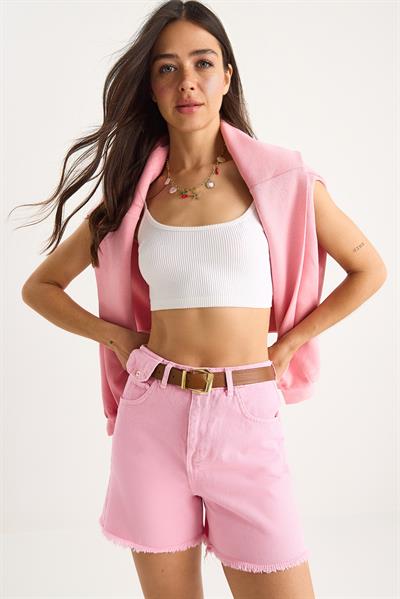 Kemerli Kanvas Gabardin Kot Şort - Pembe