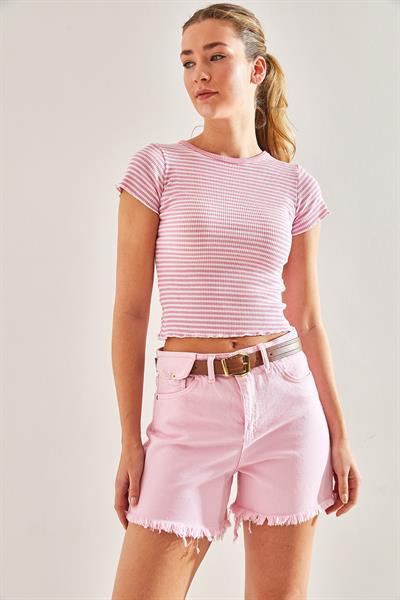 Kemerli Kanvas Gabardin Kot Şort - Pembe