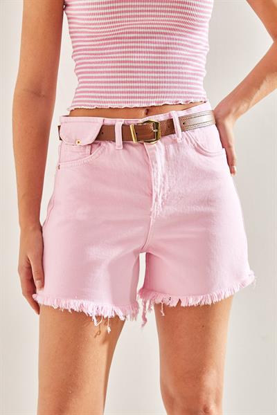 Kemerli Kanvas Gabardin Kot Şort - Pembe