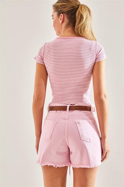 Kemerli Kanvas Gabardin Kot Şort - Pembe