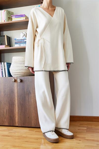 Kadın Kenarları Nakış İşlemeli Triko Alt Üst Takım 8034 60351159 - Bej