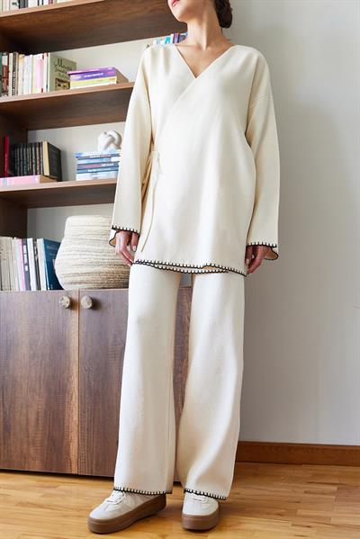 Kadın Kenarları Nakış İşlemeli Triko Alt Üst Takım 8034 60351159 - Bej