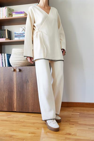 Kadın Kenarları Nakış İşlemeli Triko Alt Üst Takım 8034 60351159 - Bej