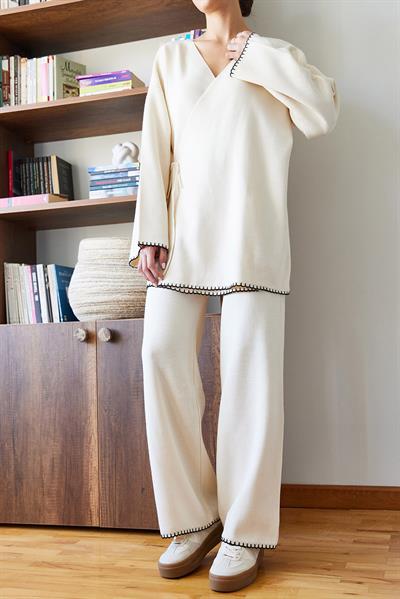 Kadın Kenarları Nakış İşlemeli Triko Alt Üst Takım 8034 60351159 - Bej