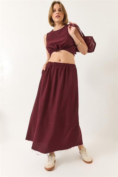 Kadın Keten Beli Bağlamalı Bluz Cep Detaylı Etek Alt-Üst Takım 9292 60281023 - Bordo