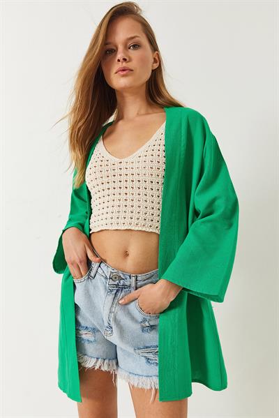 Kadın Keten Dokulu Kısa Basic Kimono 60261496 - Yeşil